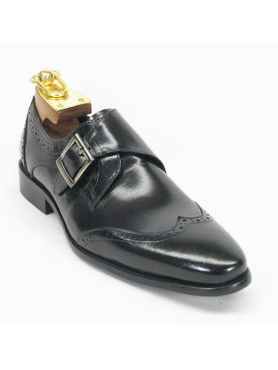 Men's Carrucci Monk Strap Etching Design Wing Toe Style Fashion Black Shoe- Men's Buckle Dress Shoes