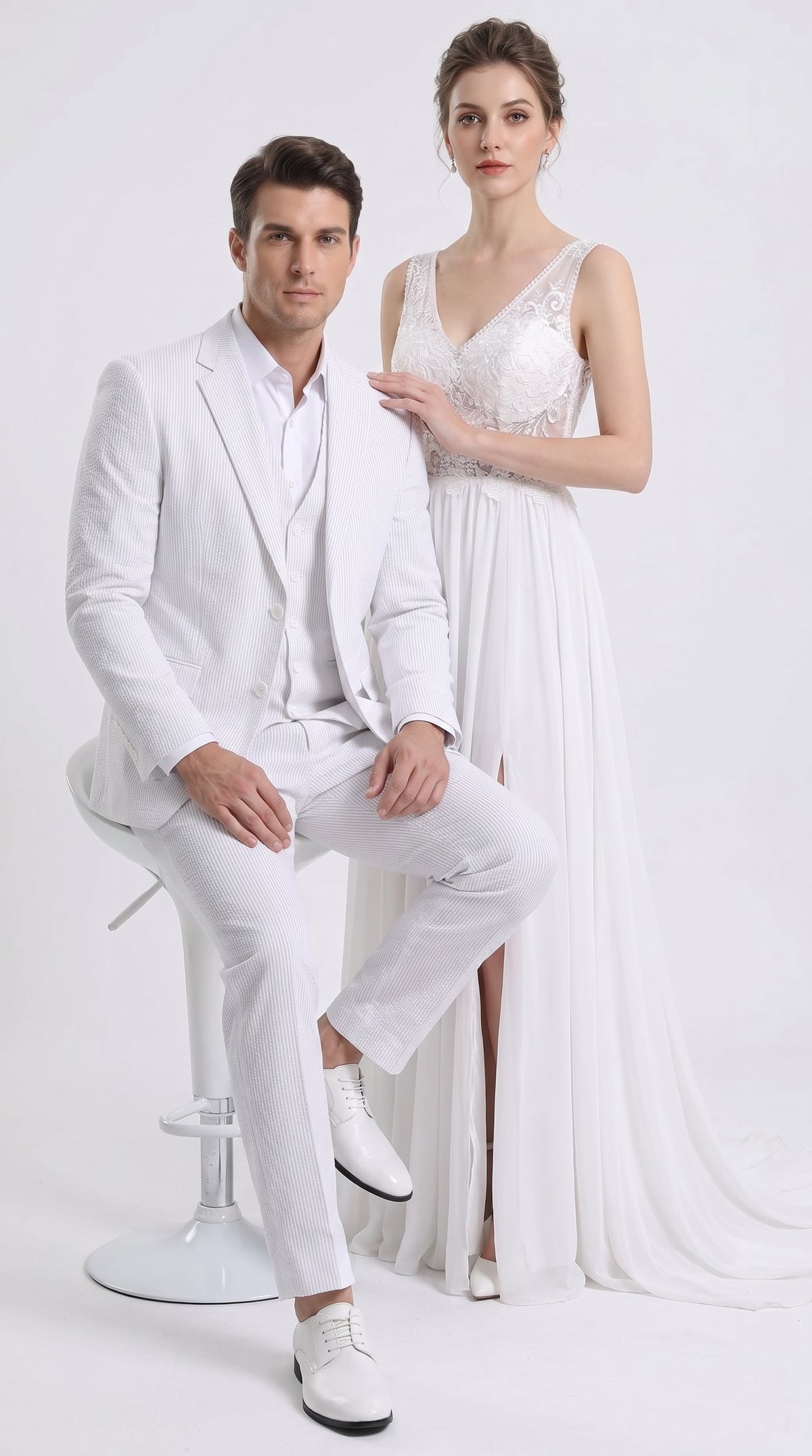 Men’s White Pinstripe Seersucker Summer Suit, Jacket and Pants Formal Wedding Beach Suit