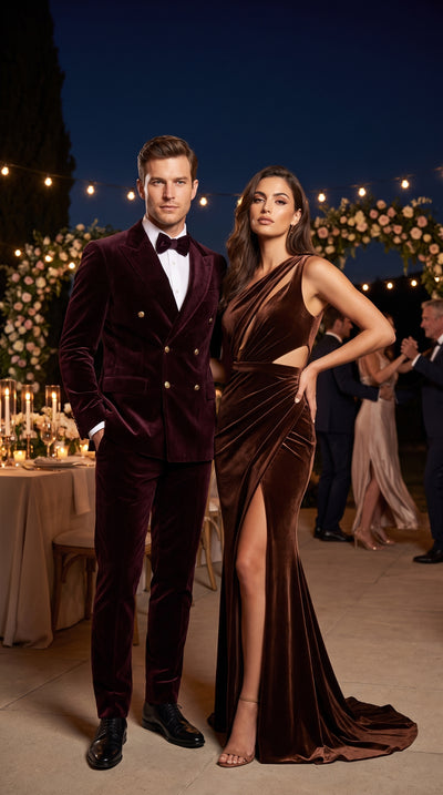 Menβs Rossi Man Zeus Dark Brown Velvet Double Breasted Tuxedo Suit, Formal Wedding Prom Dinner Suit Set
