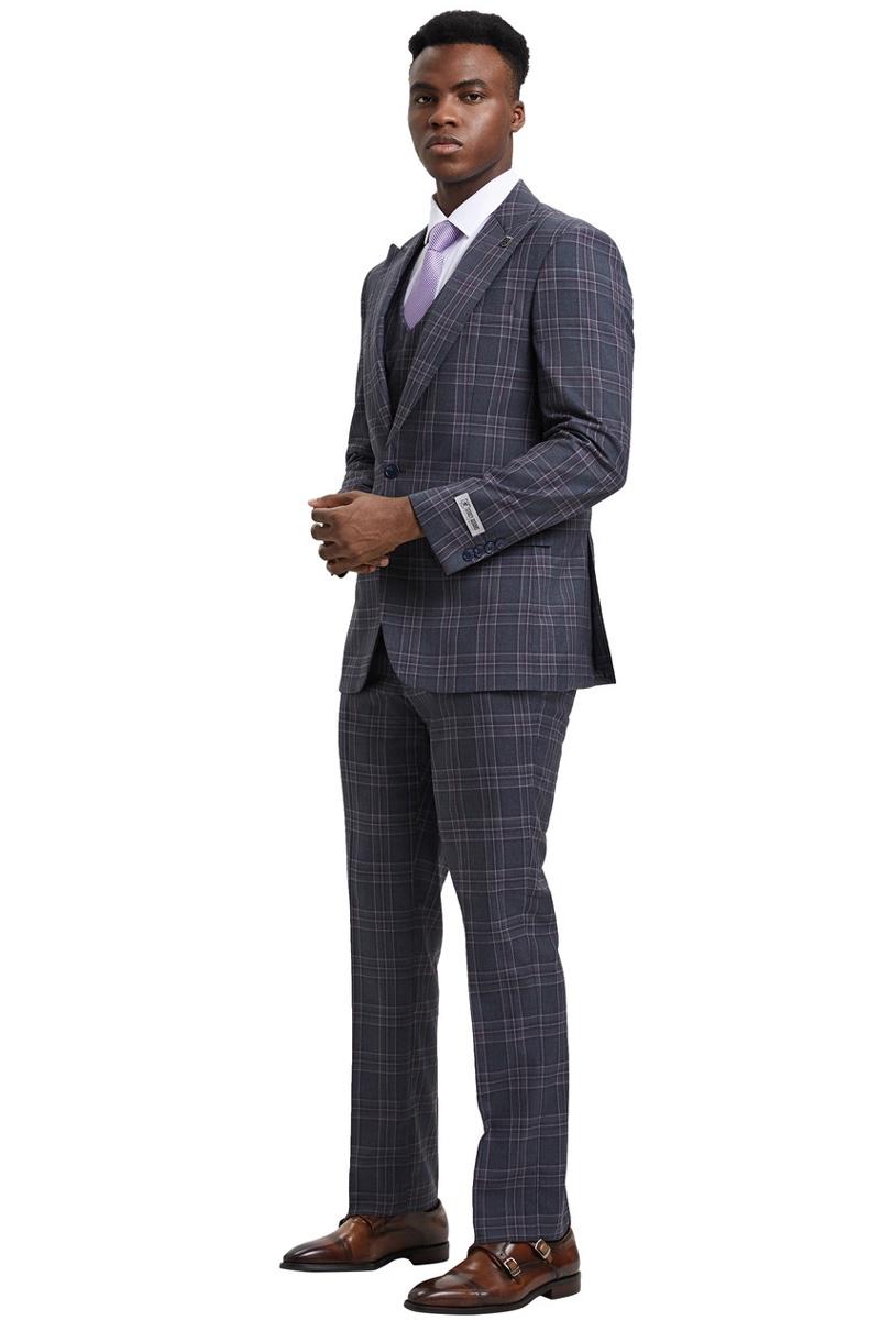Stacy Adams Plaid One Button Peak Lapel Vest Suit