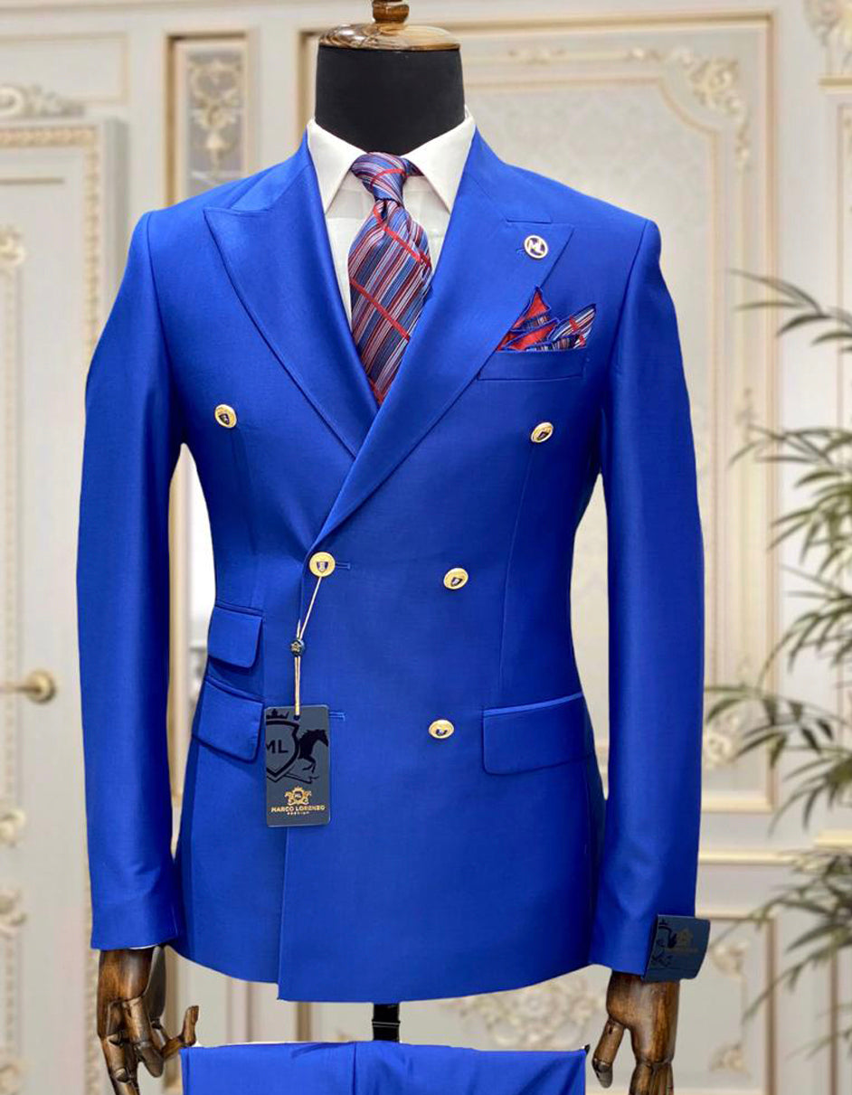 Double Breasted Gold Button Suit - Royal Blue