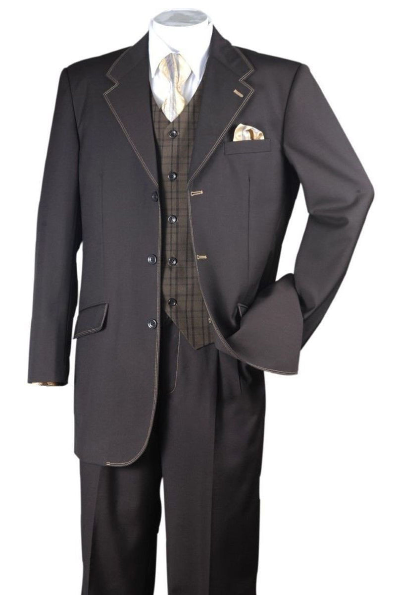 Brown 3 Button Classic Suit with Plaid Vest
