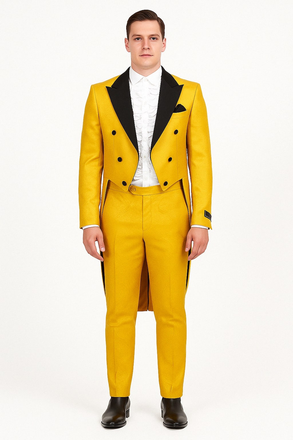 Yellow Tailcoat Tuxedo with Black Lapel & Brocade