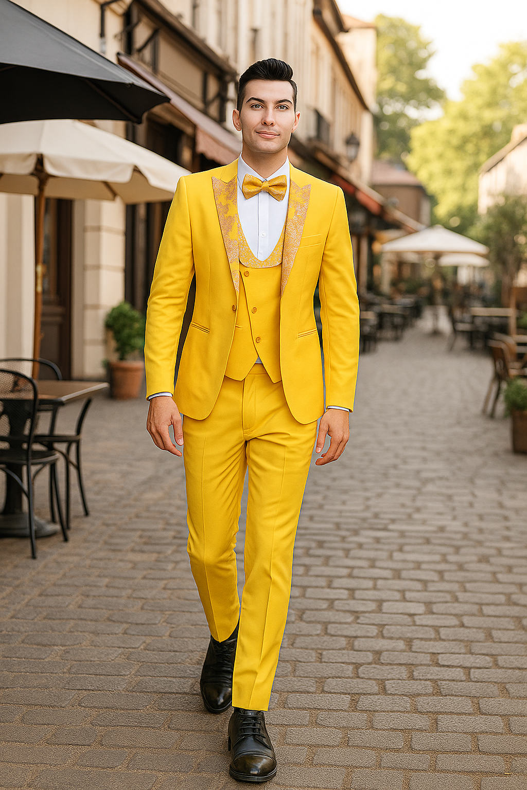 Radiant Golden Bloom 3-Piece Floral Lapel Suit