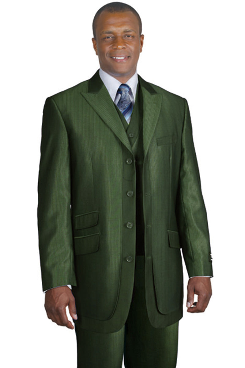 Men's Olive 3-Button Sharkskin Vested Suit