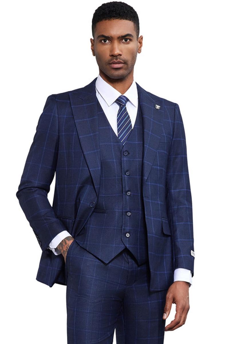 Stacy Adams Navy Windowpane Vested Suit for Men