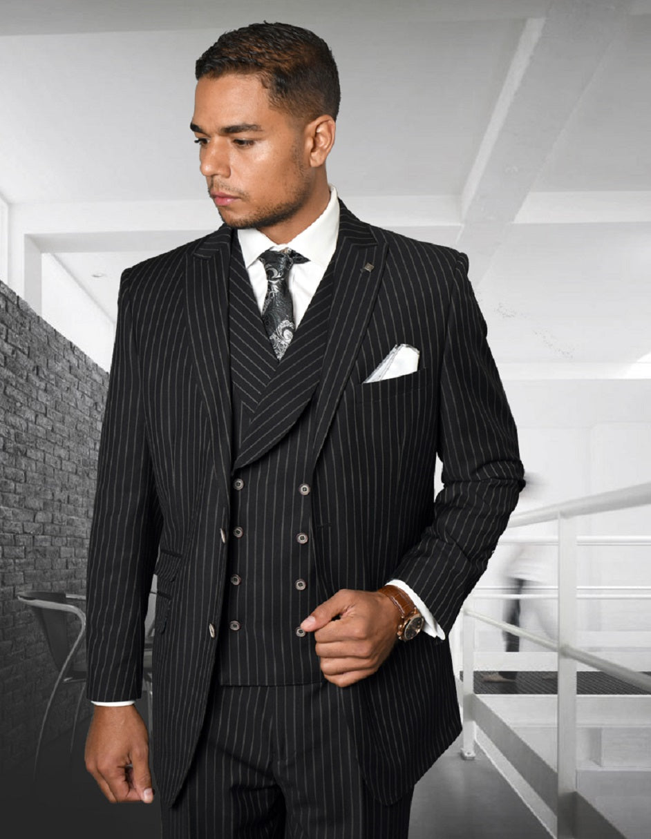 Men’s Gangster Pinstripe Double Breasted Vest Suit