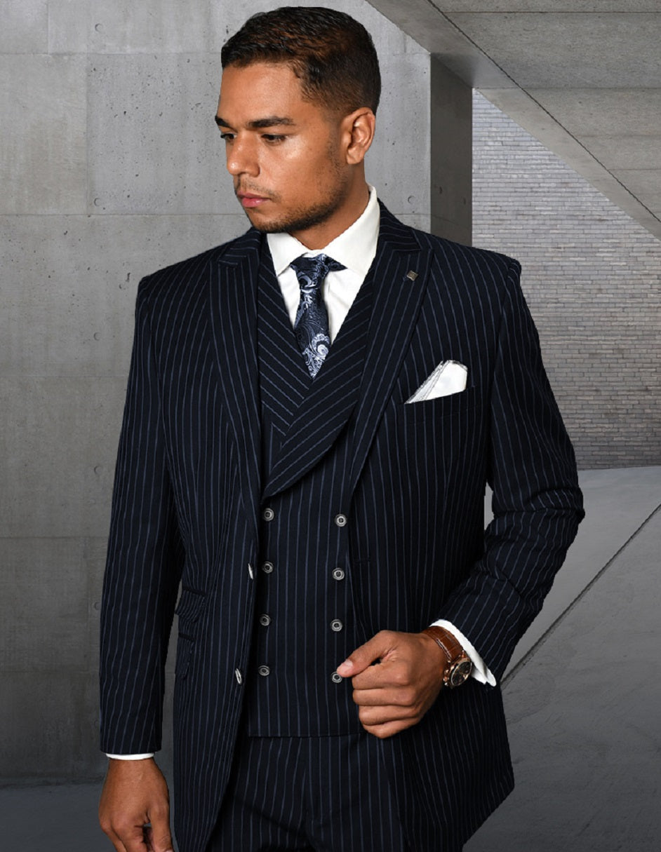 Mens Gangster Pinstripe Navy Vest Suit - Double Breasted