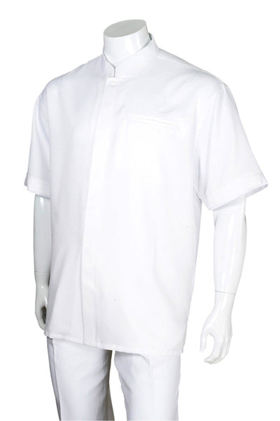 Mens Short Sleeve Banded Mandarin Collar Walking Suit in White