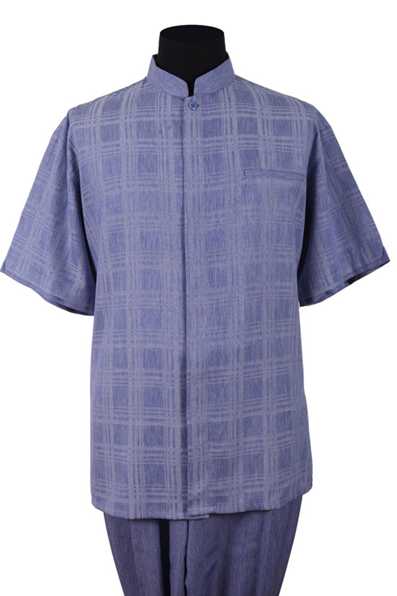 Mens Short Sleeve Plaid Mandarin Banded Collar Walking Suit in Blue