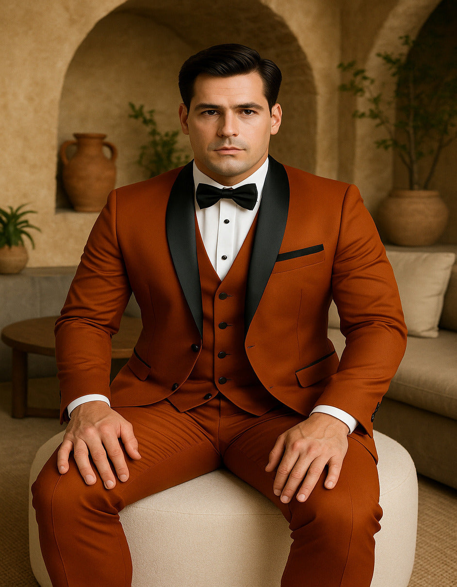 Burnt Orange 3-Piece Slim Tuxedo, Satin Shawl Lapel