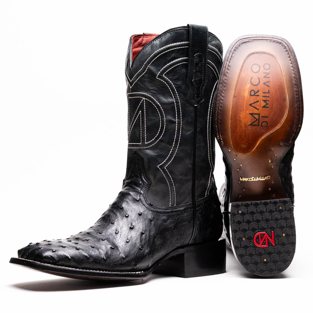 Marco Di Milano Alabama Black Ostrich Quill Square Toe Cowboy Boots