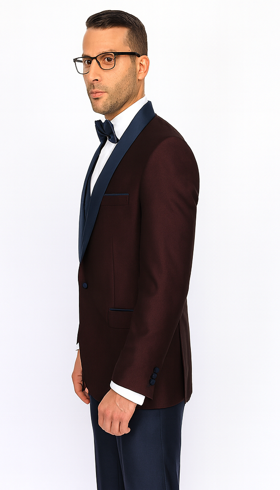 Burgundy Plum & Navy Lapel 3-Piece Tuxedo Suit