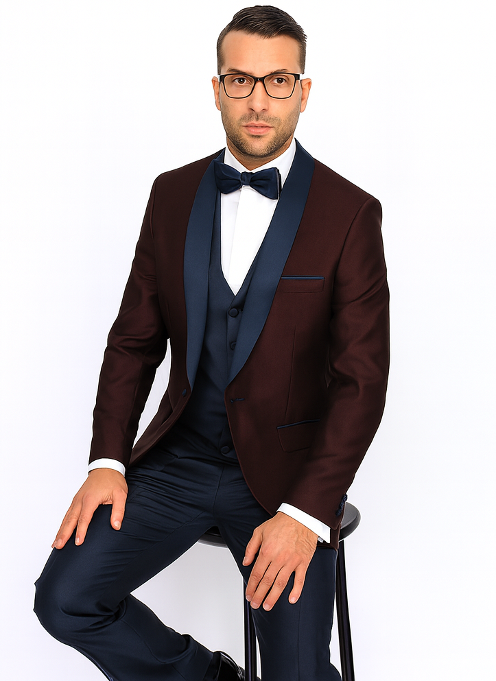 Burgundy Plum & Navy Lapel 3-Piece Tuxedo Suit