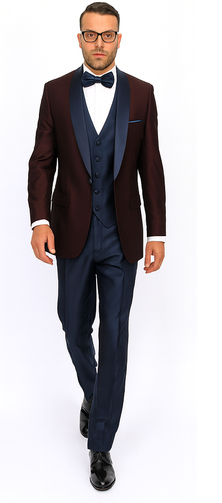 Burgundy Plum & Navy Lapel 3-Piece Tuxedo Suit