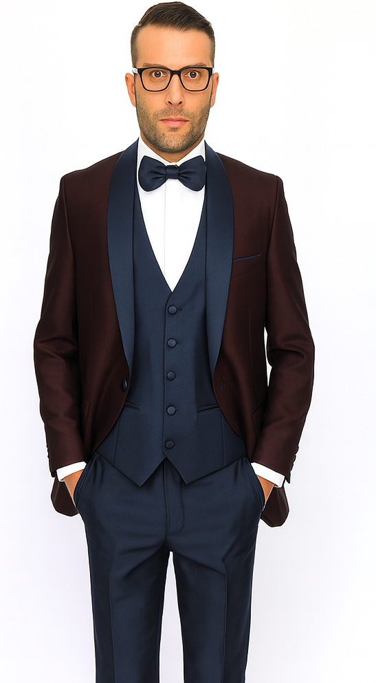 Burgundy Plum & Navy Lapel 3-Piece Tuxedo Suit