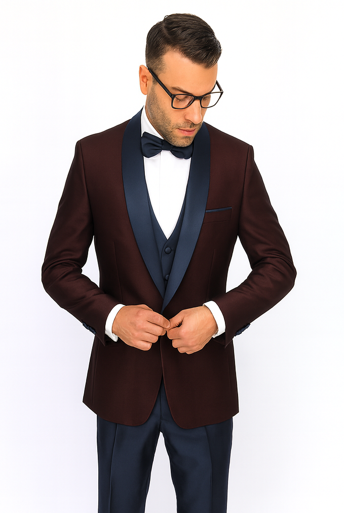 Burgundy Plum & Navy Lapel 3-Piece Tuxedo Suit