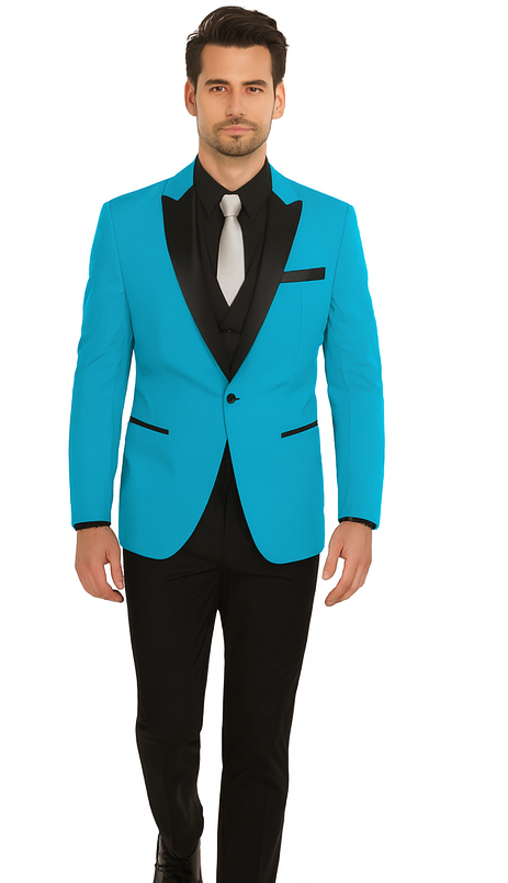 Alberto Nardoni Turquoise ~ Aqua Light Blue Tuxedo and Black Lapel Vested Suit With Black Vest