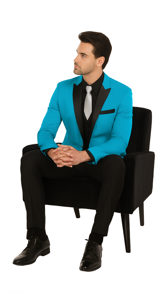 Alberto Nardoni Turquoise ~ Aqua Light Blue Tuxedo and Black Lapel Vested Suit With Black Vest