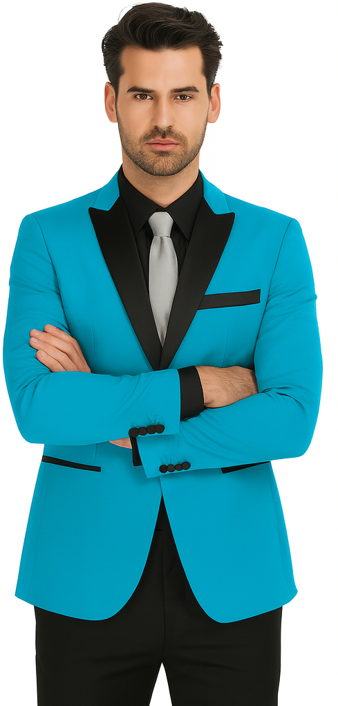 Alberto Nardoni Turquoise ~ Aqua Light Blue Tuxedo and Black Lapel Vested Suit With Black Vest