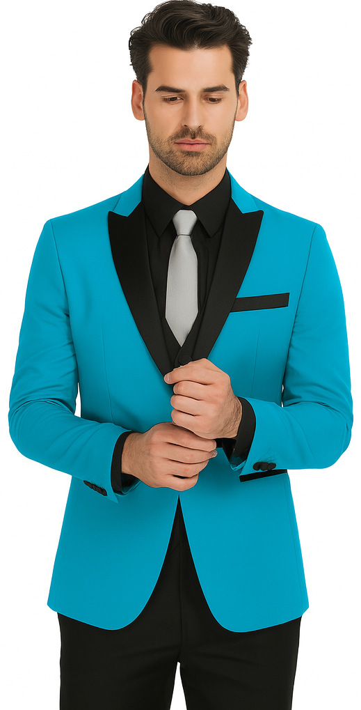 Alberto Nardoni Turquoise ~ Aqua Light Blue Tuxedo and Black Lapel Vested Suit With Black Vest