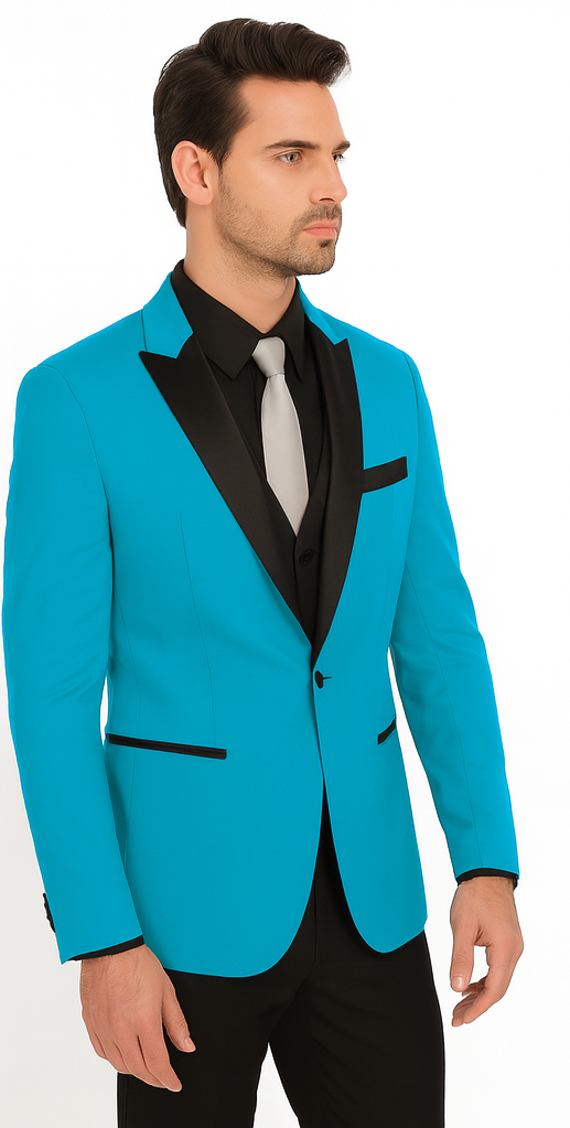 Alberto Nardoni Turquoise ~ Aqua Light Blue Tuxedo and Black Lapel Vested Suit With Black Vest