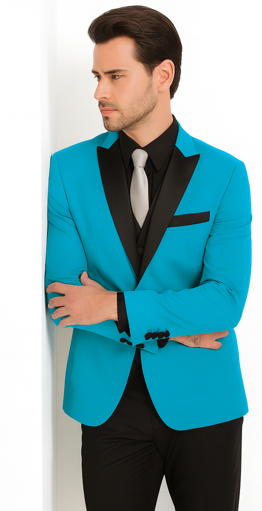 Alberto Nardoni Turquoise ~ Aqua Light Blue Tuxedo and Black Lapel Vested Suit With Black Vest