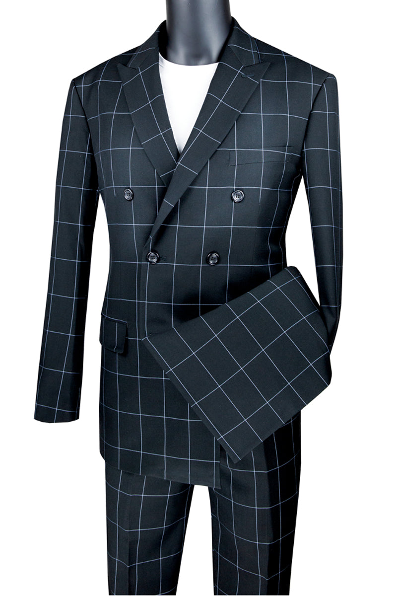 Double Breasted Windowpane Suit - Black