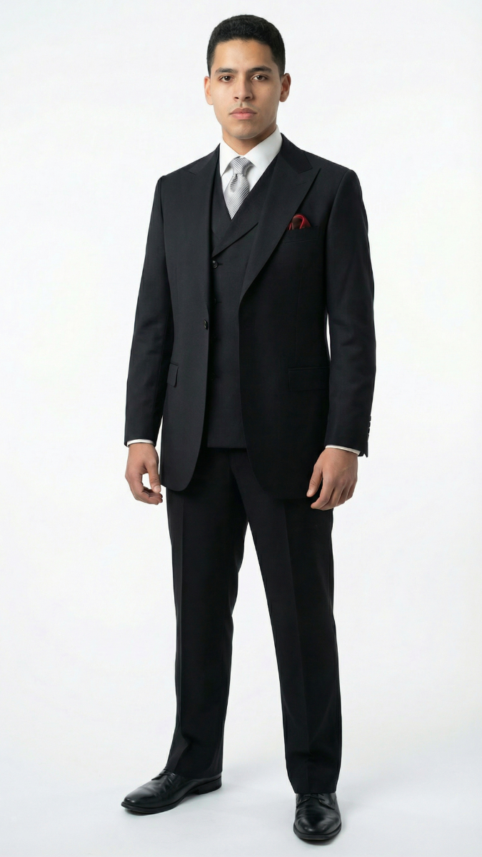Apollo King Mens 3 Piece 100% Super 150s Wool Suit β Wide Peak Lapel, Double Breasted Vest