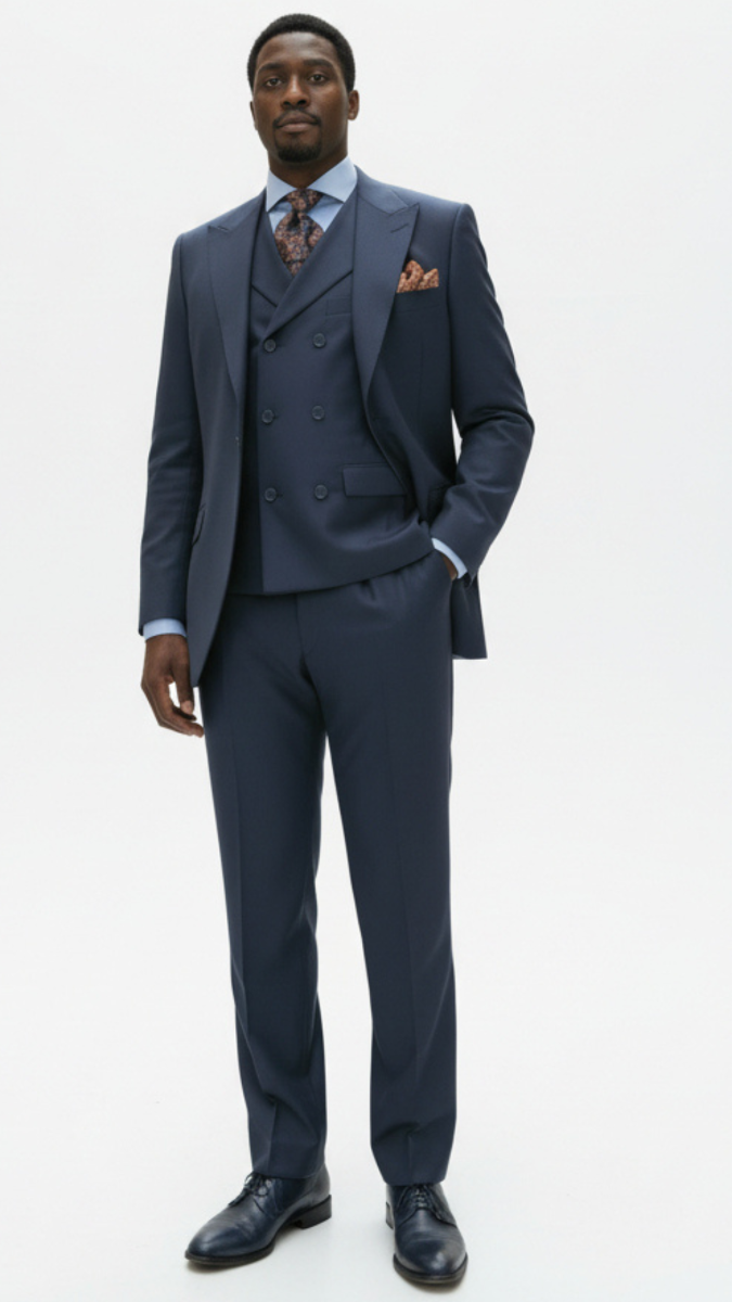 Apollo King Mens 3 Piece 100% Super 150s Wool Suit β Wide Peak Lapel, Double Breasted Vest