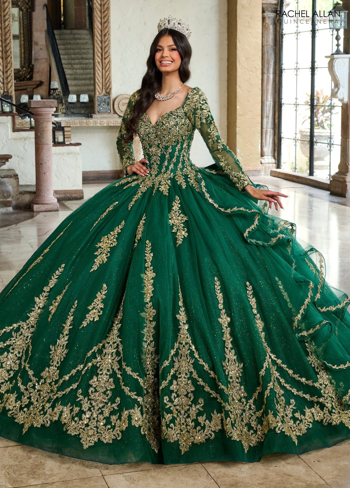 Rachel Allan RQ1137 Applique Long Sleeve Quinceanera Dress