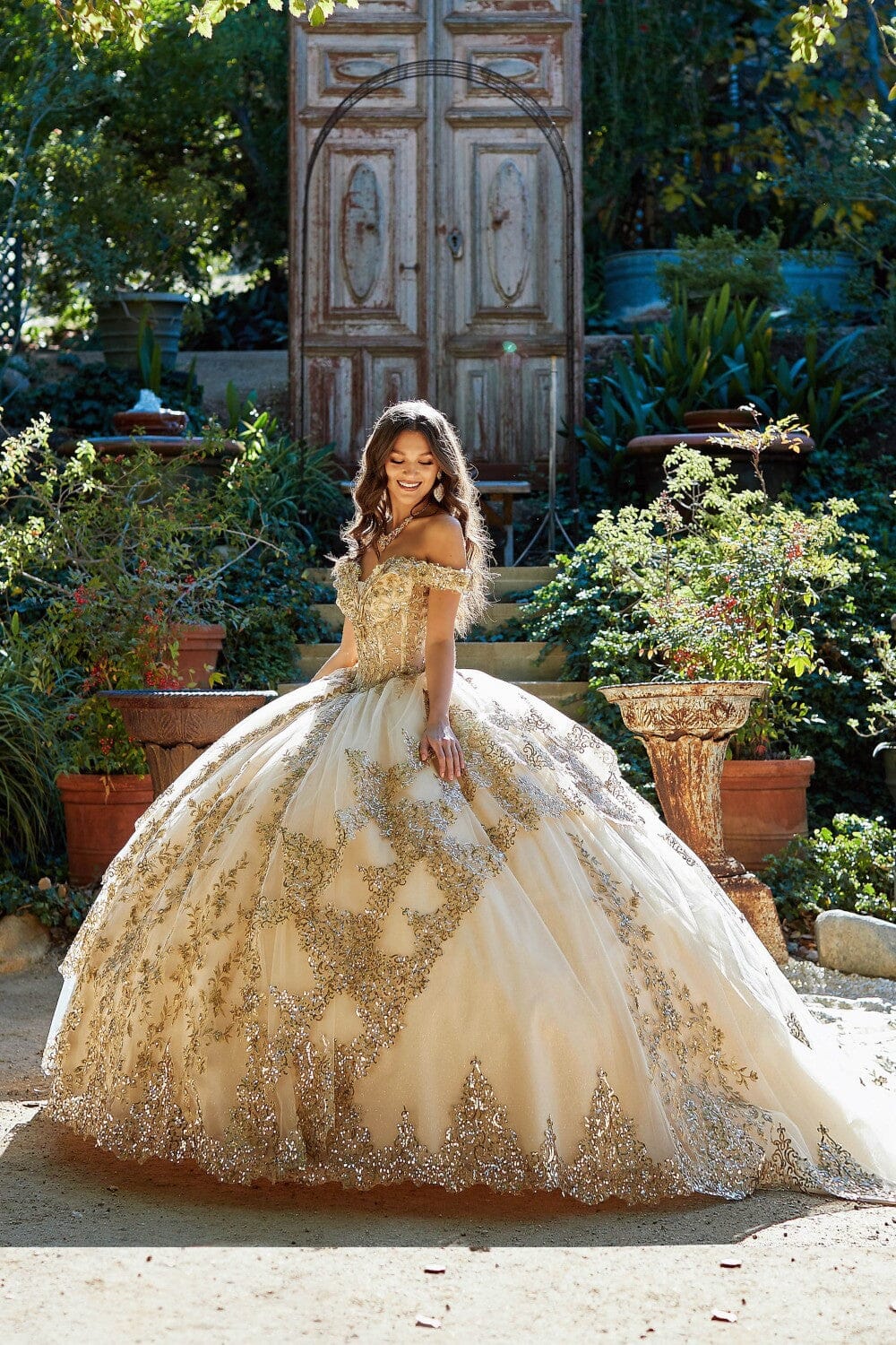 Applique Off Shoulder Quinceanera Dress Corset Ball Gown with Train by Bella Princess PQ1055