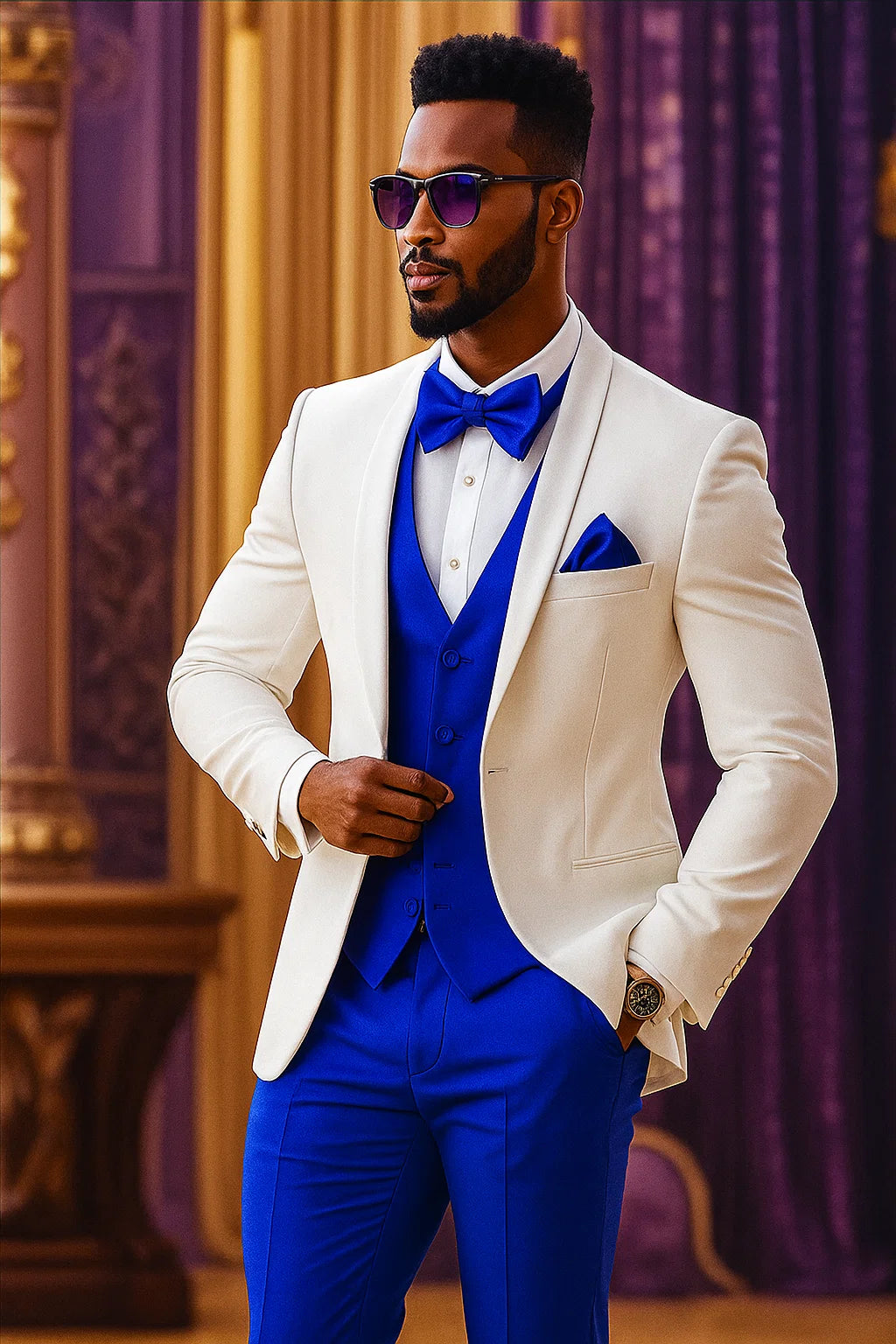 White and Royal Blue Tuxedo Wedding Suit - White Dinner Jacket + Vest + Pants + Bow-tie