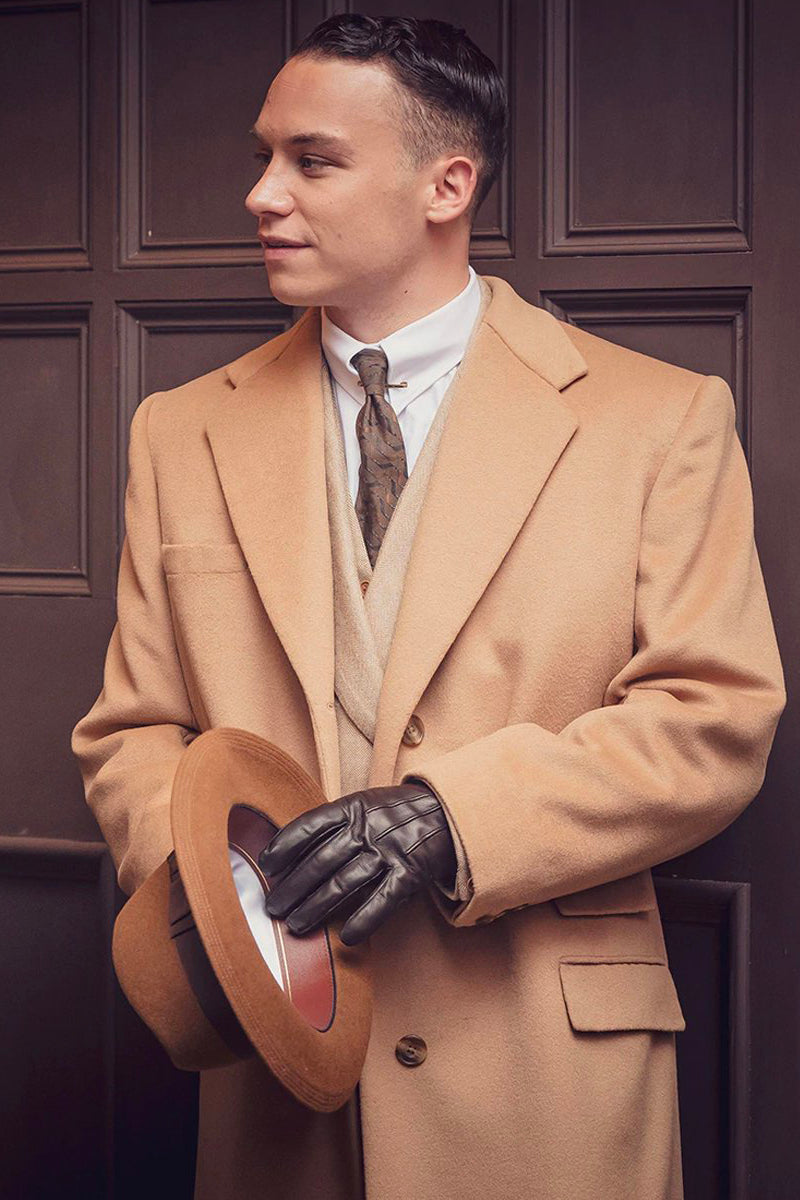 Michael Gray Tan Suit & Camel Overcoat Costume
