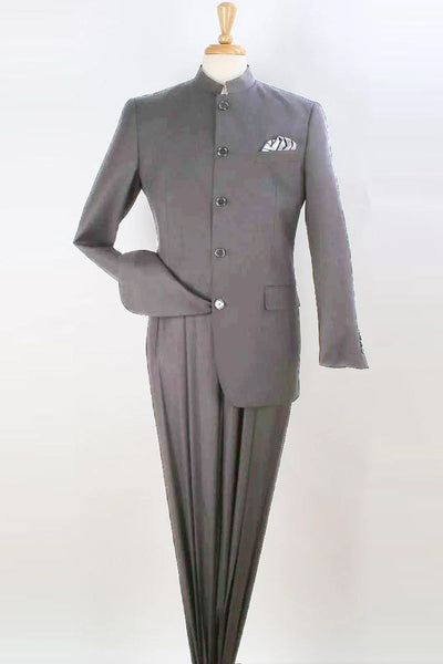 Mens Five Button Mandarin Banded Collar Fashion Suit in Light Grey