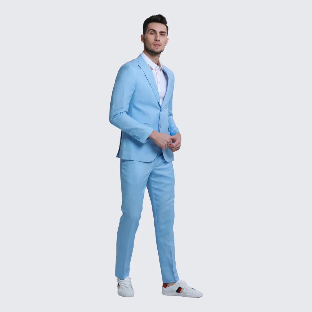 Baby Blue Slim Fit Linen Suit Two Piece Set