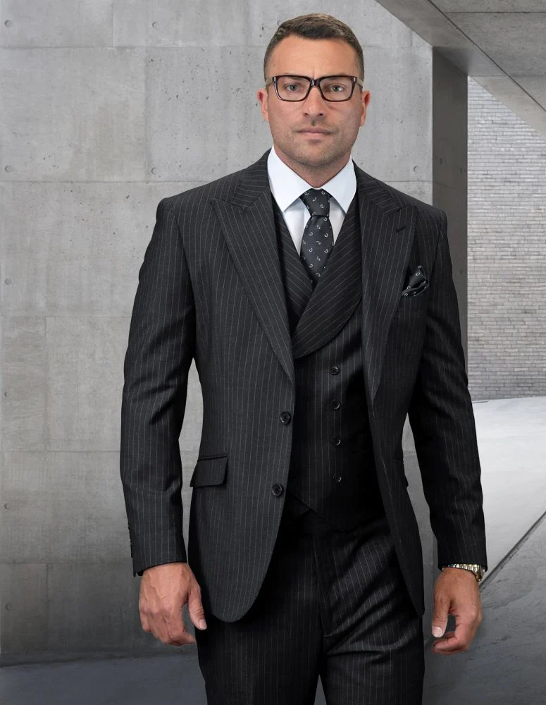 Grey Double Breasted Pinstripe Vest Suit - Statement