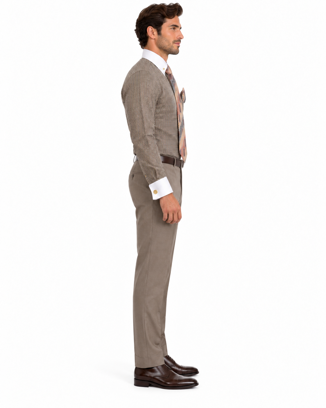Beige Pin Collar Dress Shirt With Collar Bar
