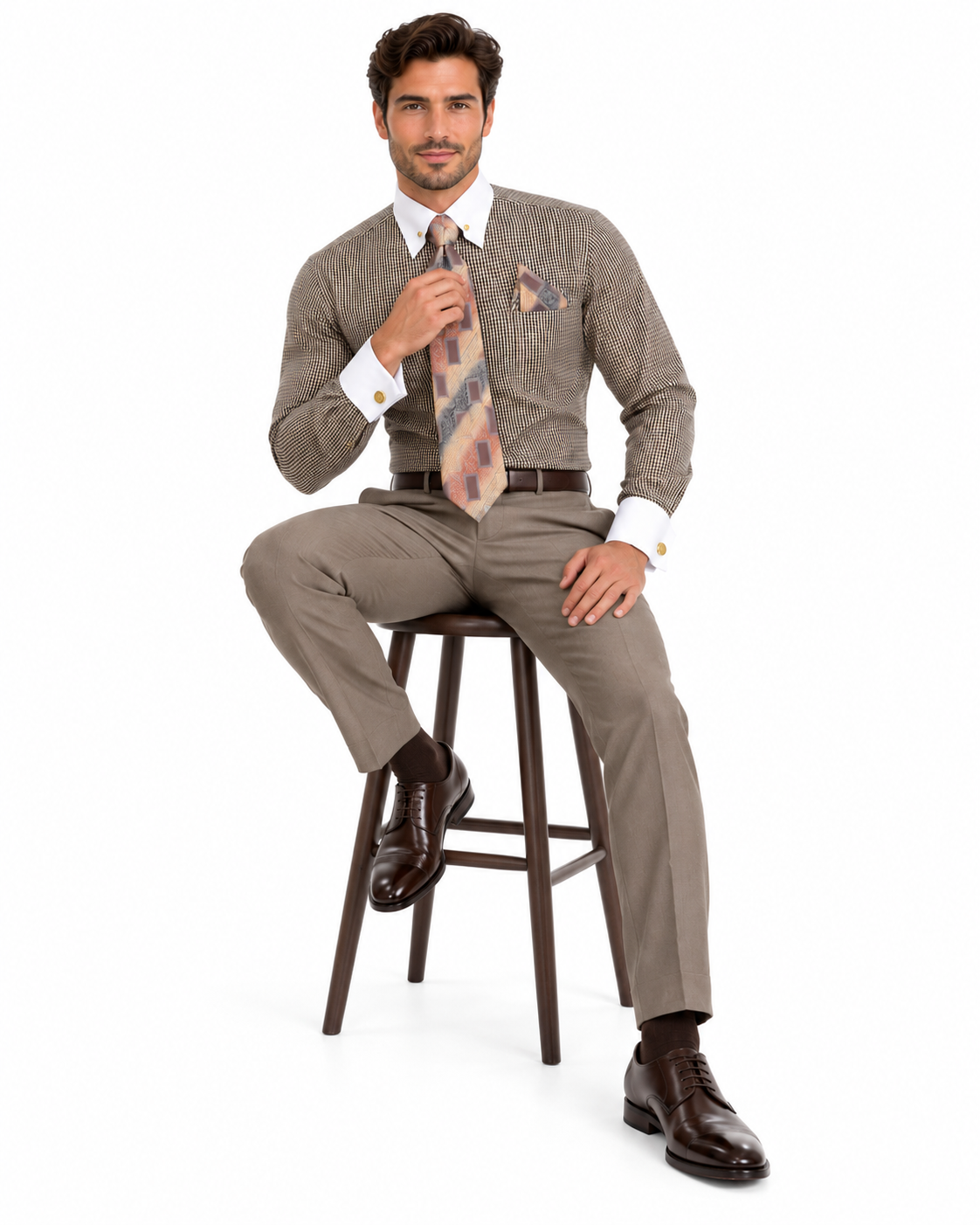 Beige Pin Collar Dress Shirt With Collar Bar