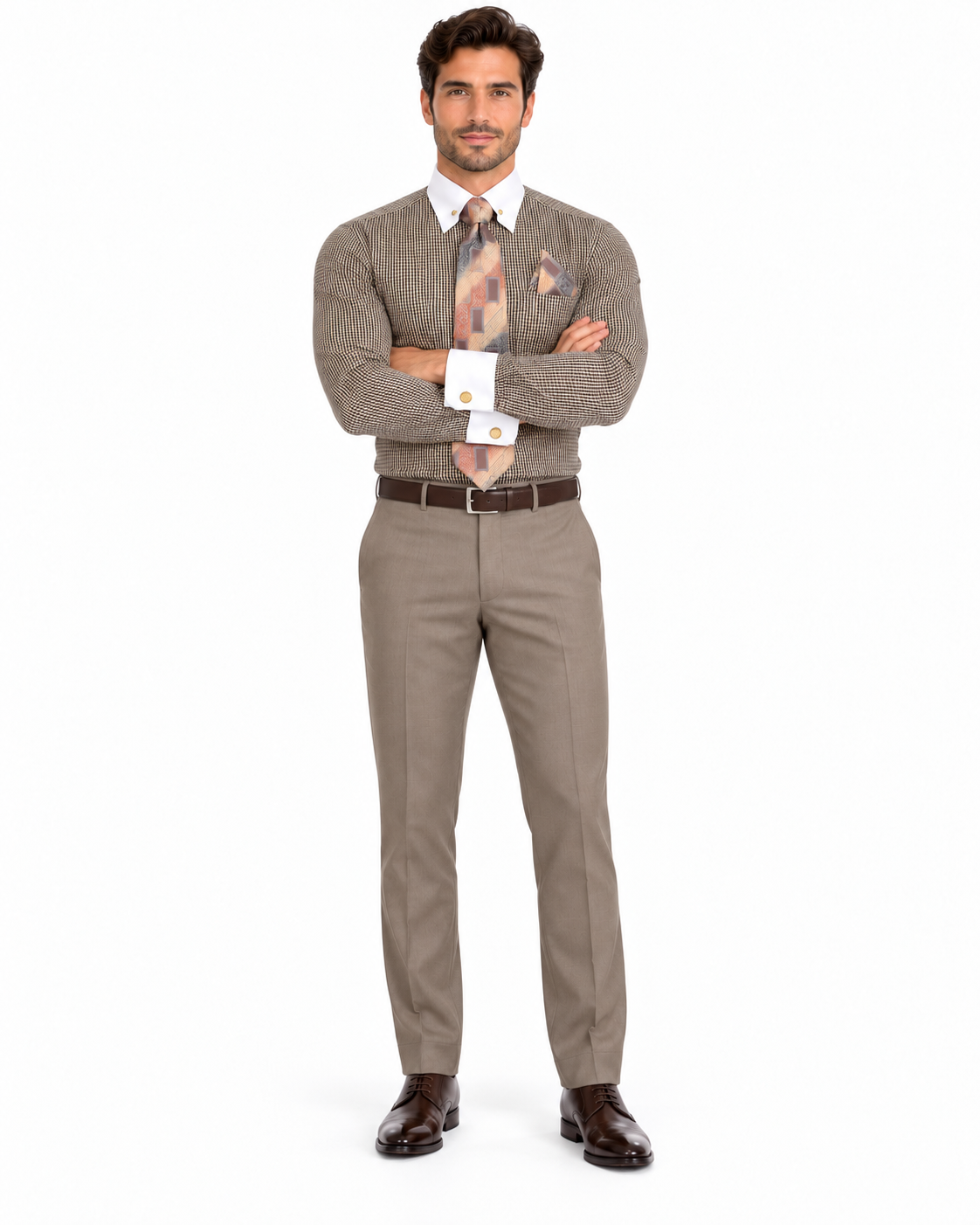 Beige Pin Collar Dress Shirt With Collar Bar