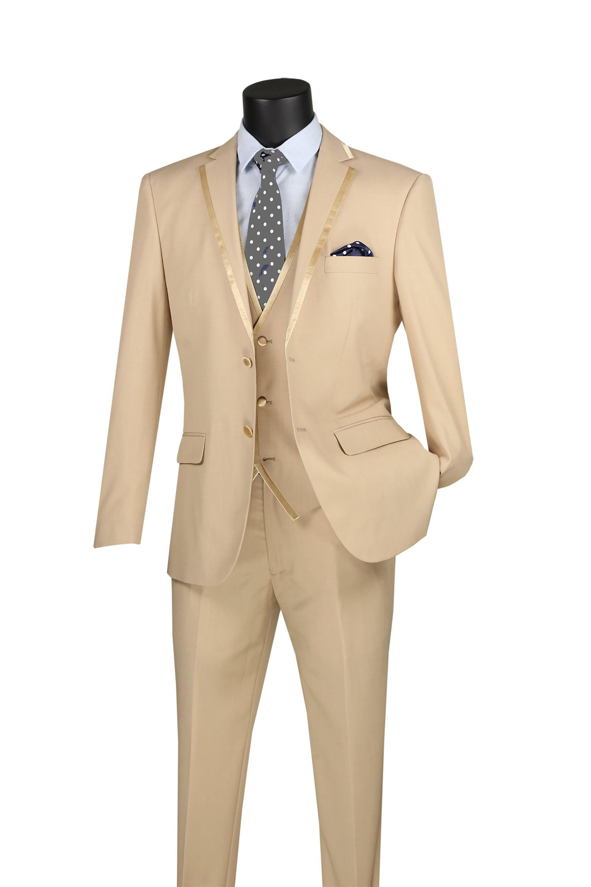 Beige Trimmed Lapel Slim Fit Suit - 3 Piece