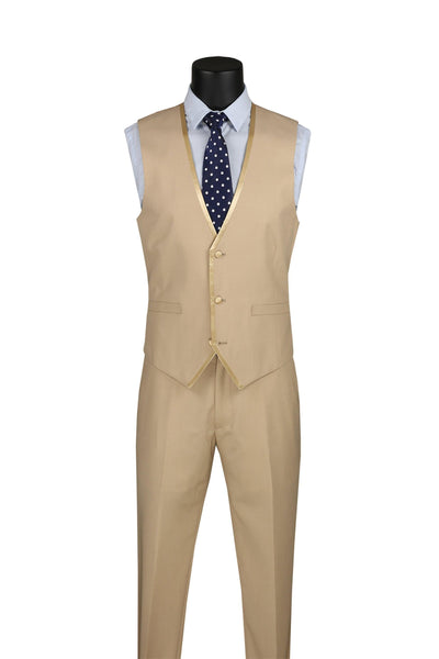 Beige Trimmed Lapel Slim Fit Suit - 3 Piece