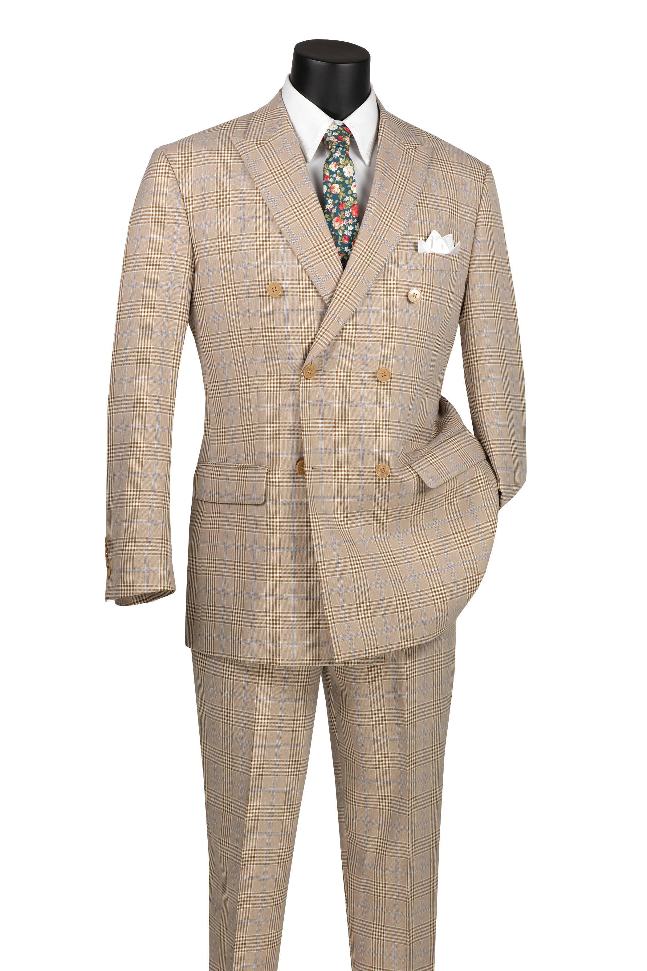 Beige Windowpane Double Breasted Suit by Vinci