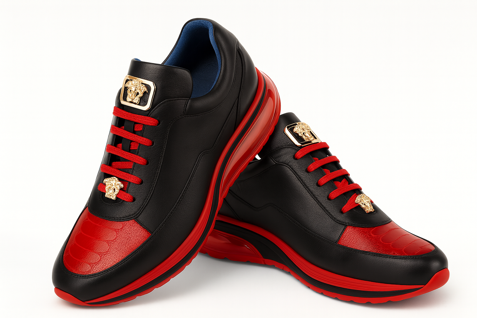 Belvedere Flash Men's Shoes Black & Red Exotic Ostrich / Calf-skin Leather Casual Sneakers