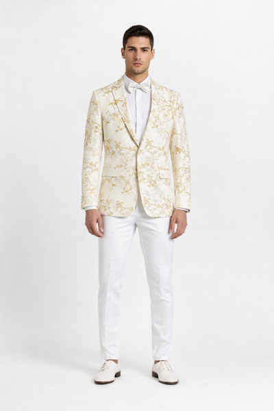 Big And Tall Suit For Men - Jacket + Pants + Bowtie + Pants - Off-White and Gold Suit