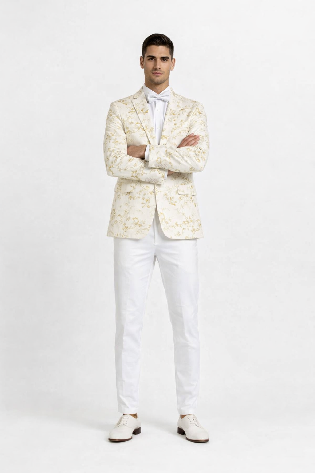 Big And Tall Suit For Men - Jacket + Pants + Bowtie + Pants - Off-White and Gold Suit