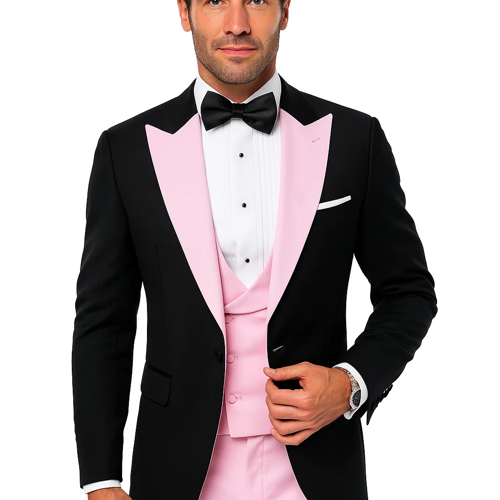 Tuxedo-Inspired Wool Suit with Pink Highlights