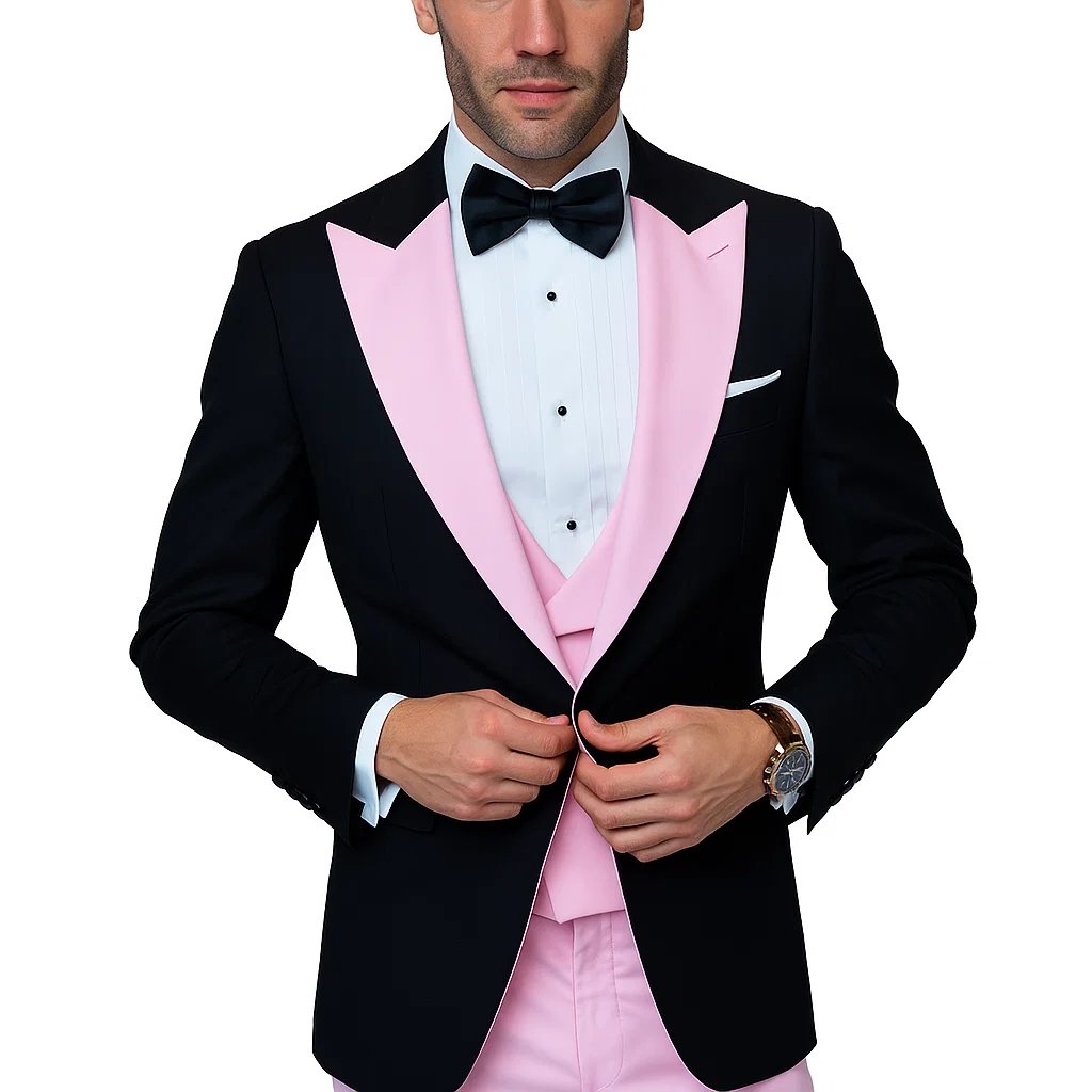 Tuxedo-Inspired Wool Suit with Pink Highlights