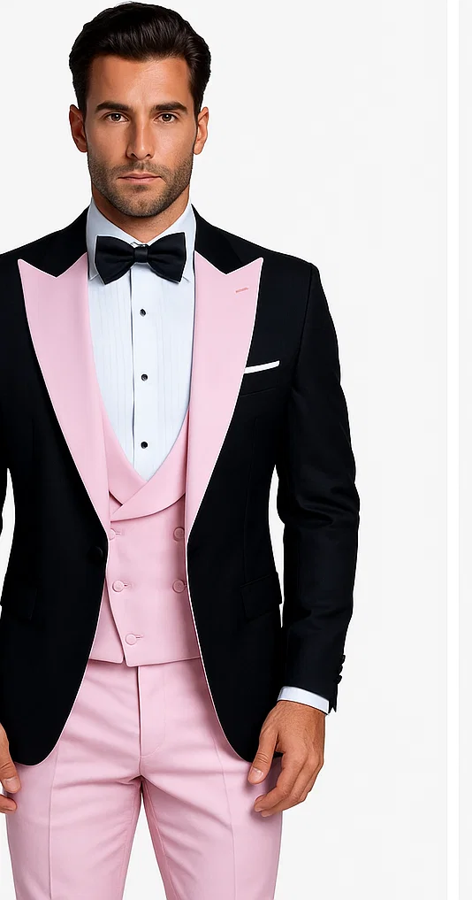 Tuxedo-Inspired Wool Suit with Pink Highlights