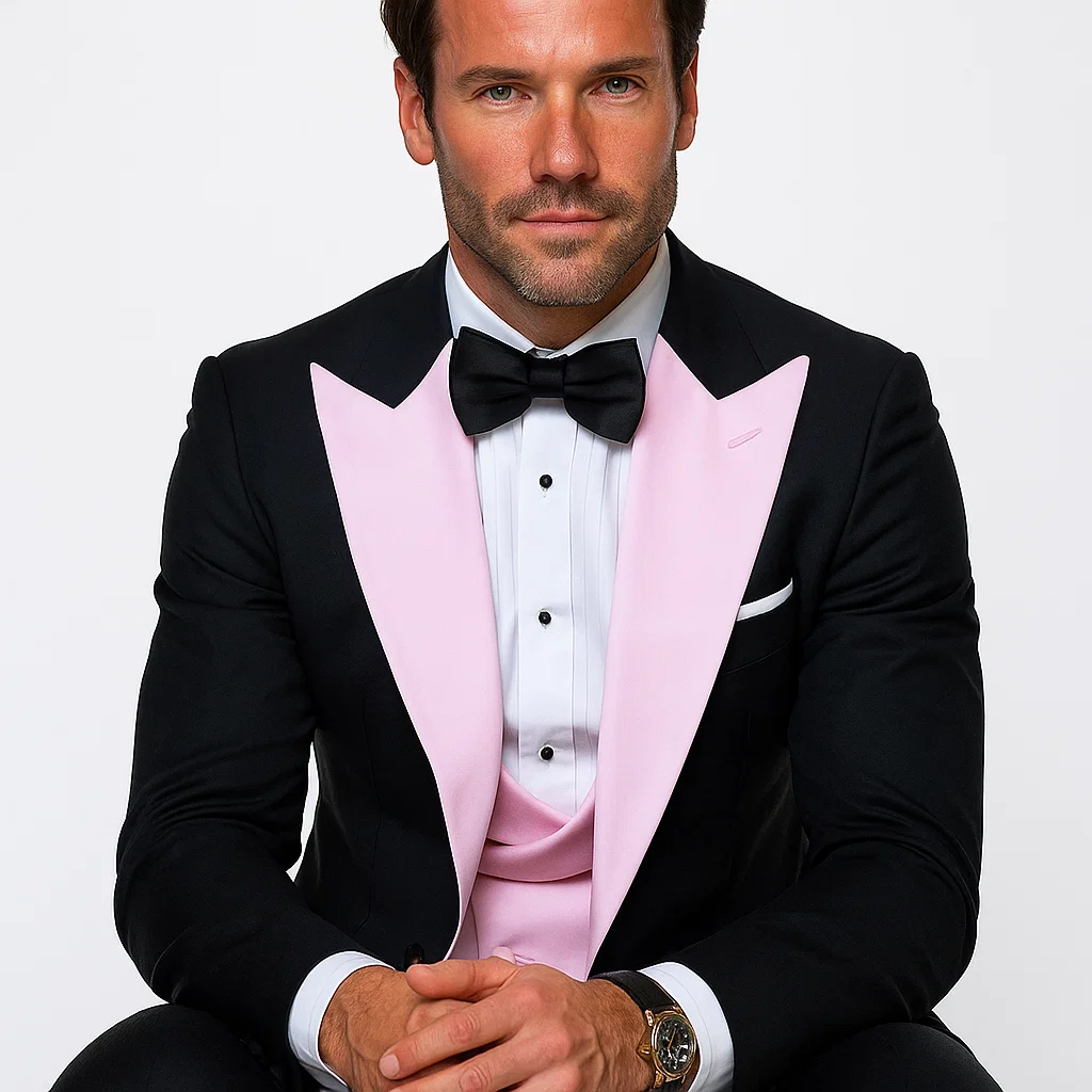 Tuxedo-Inspired Wool Suit with Pink Highlights
